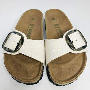 Birkenstock Madrid Big Buckle Rivet Logo 38 Narrow Canvas Eggshell Sandal NWOB